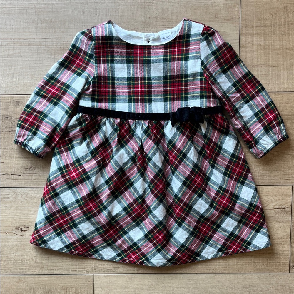 Carter's Red and Green Plaid Dress with Black Velvet Bow